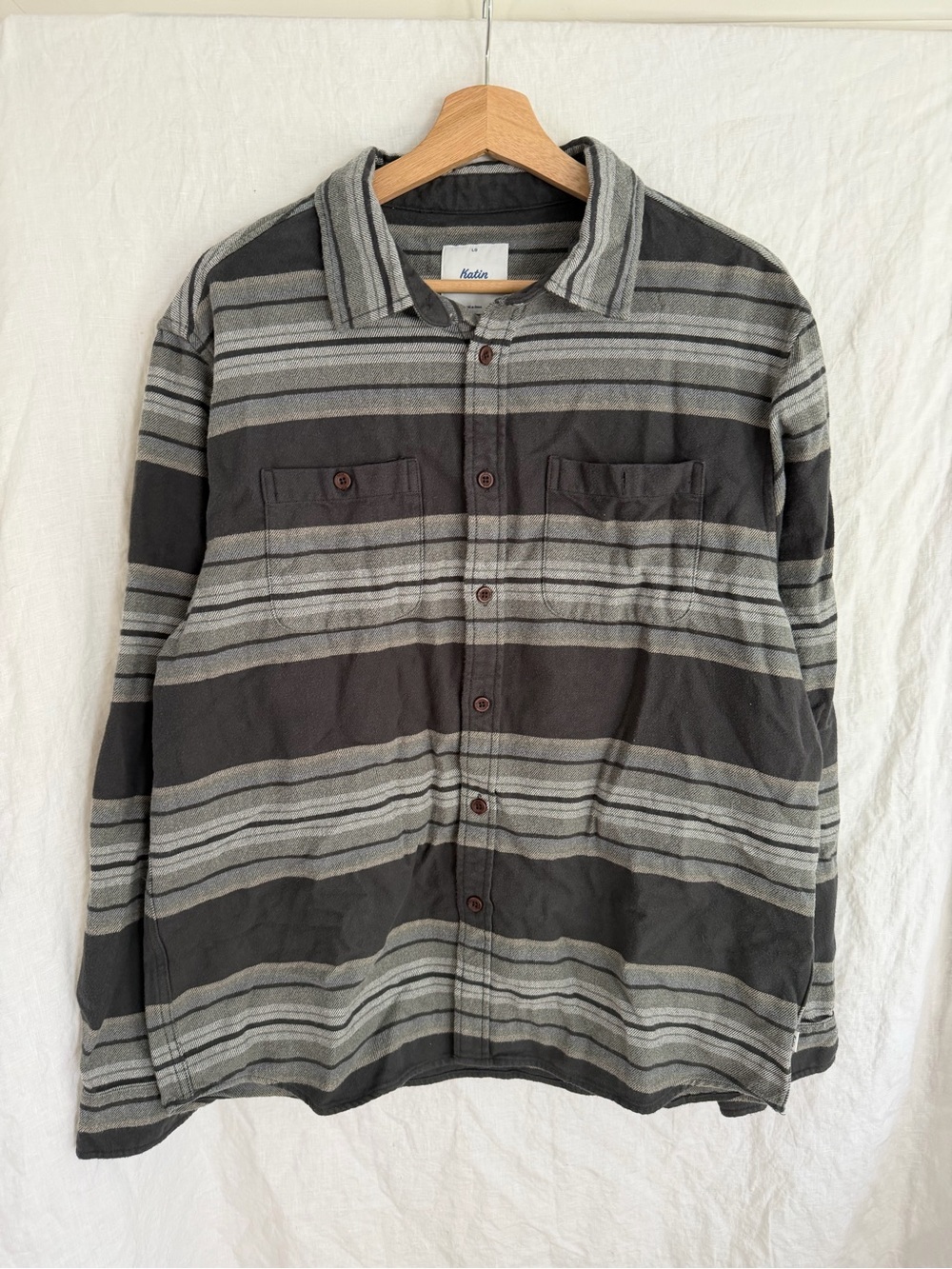 Katin Striped Flannel Shirt Long Sleeve Gray Casual Warm Layering Large